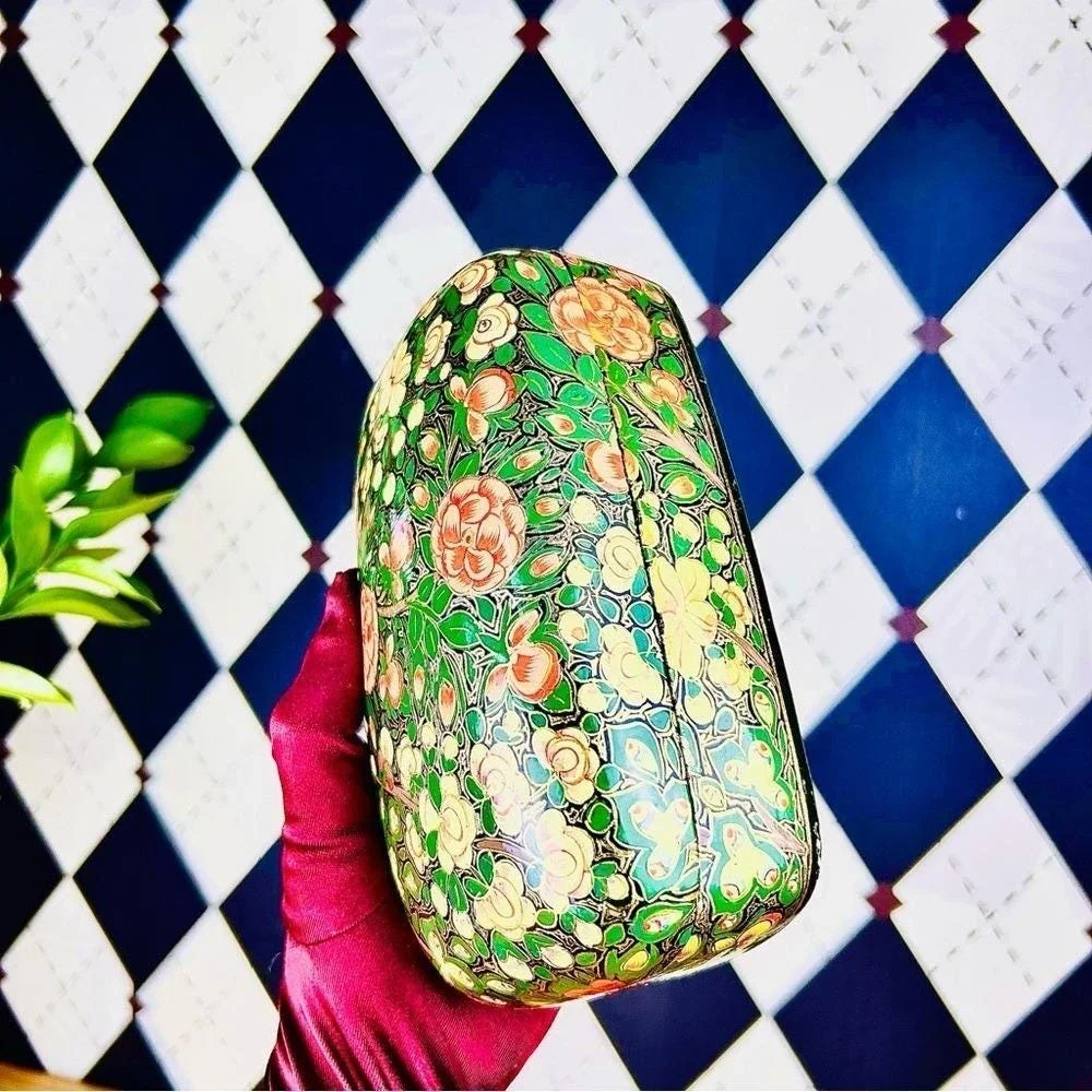 Boho‎ Lacquer Lidded Box Handpainted Kashmiri: Florals Gold, Red Green India 7